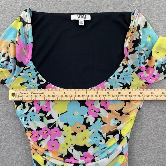 AFRM Bodysuit Womens XS Bright Floral Mesh Ruched Long Sleeve Retro Preppy Rave - Picture 4 of 12